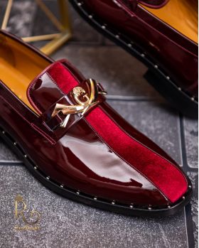 Pantofi Loafers barbatesti, bordeaux piele lacuita/catifea- P1734