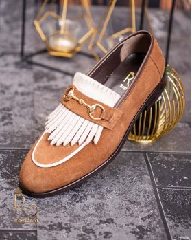 Pantofi Loafers, barbatesti, maro cu bej, piele naturala- P1763