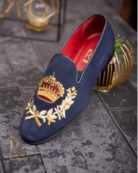 Loafers de barbati, bleumarin, piele intoarsa, broderie aurie- P1770