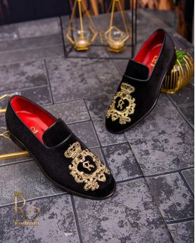 Loafers de barbati, negri, catifea, broderie aurie- P1771