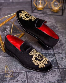 Loafers de barbati, negri, catifea, broderie aurie- P1771