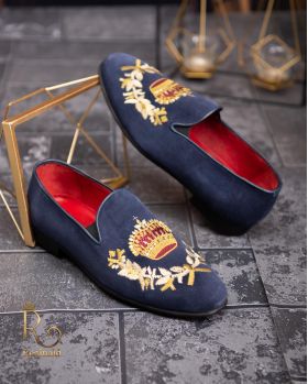 Loafers de barbati, bleumarin, piele intoarsa, broderie aurie- P1770