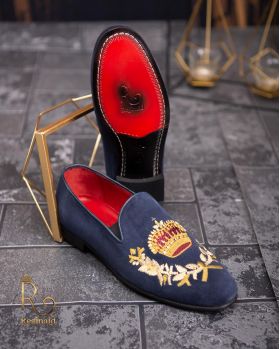 Loafers de barbati, bleumarin, piele intoarsa, broderie aurie- P1770