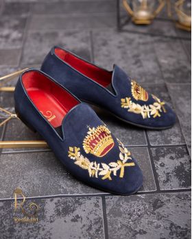 Loafers de barbati, bleumarin, piele intoarsa, broderie aurie- P1770