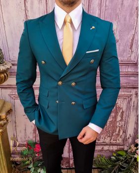 Sacou de barbati, Slim Fit, Blazer, Verde cu butoni metalici aurii - SC785