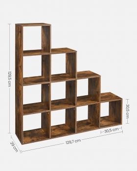 Biblioteca cu 10 compartimente, Vasagle, 129.5 x 29 x 129.5 cm, PAL, maro rustic