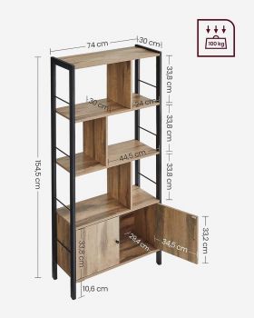 Biblioteca cu rafturi si 2 usi Vasagle, 74 x 30 x 154.5 cm, PAL/otel, maro/negru