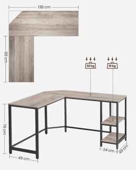 Birou de colt, Vasagle, Grey Corner, 138 x 138 x 76 cm, PAL/otel, gri