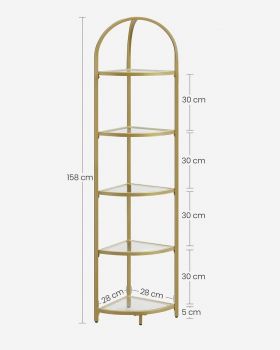 Bibilioteca de colt Gold, Vasagle, 28 x 28 x 158 cm, sticla temperata/otel, auriu