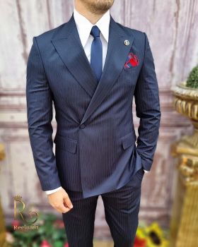 Costum elegant de bărbați, bleumarin in dungi, Sacou si Pantalon - C3743