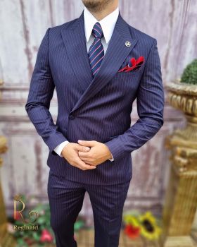 Costum elegant de bărbați, bleumarin in dungi, Sacou si Pantalon - C3745