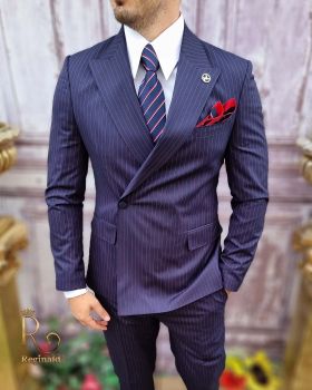 Costum elegant de bărbați, bleumarin in dungi, Sacou si Pantalon - C3745