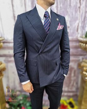 Costum elegant de bărbați, bleumarin in dungi, Sacou si Pantalon - C3748