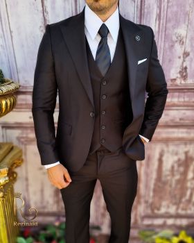 Costum de bărbați, Slim Fit, Negru, Sacou, Vesta si Pantalon - C3710