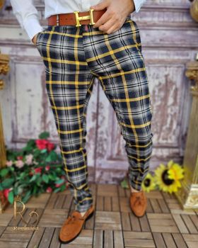 Pantaloni eleganți de bărbați, Slim Fit, Bleumarin cu dungi galbene - PN648