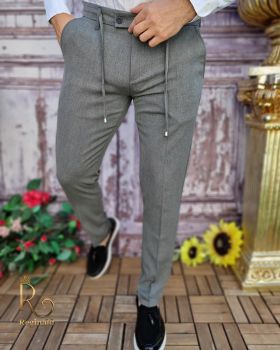 Pantaloni casual Slim-Fit, Gri inchis, cu șnur si tiv întors - PN658