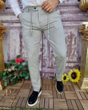 Pantaloni casual Slim-Fit, Gri, cu șnur si tiv întors - PN659