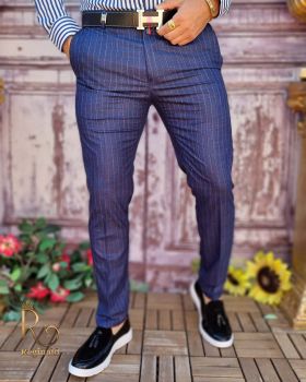 Pantaloni eleganți de bărbați, Albastru cu dungi, Slim Fit - PN694