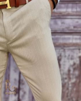 Pantaloni eleganți de bărbați, Bej cu dungi, Slim Fit si Conici - PN672