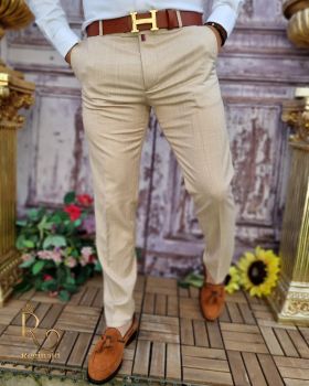 Pantaloni eleganți de bărbați, Bej patinat, Slim Fit si Conici - PN674