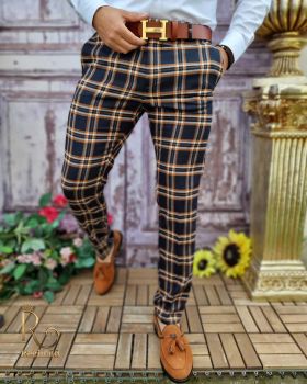 Pantaloni eleganți de bărbați, Bleumarin in carouri , Slim Fit si Conici - PN677