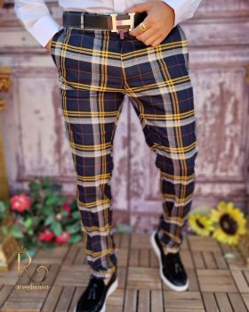 Pantaloni eleganți de bărbați, Bleumarin in carouri , Slim Fit si Conici - PN691