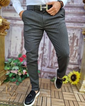 Pantaloni eleganți de bărbați, Gri cu dungi, Slim Fit si Conici - PN666