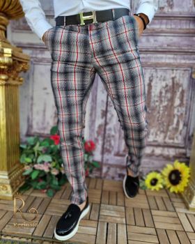 Pantaloni eleganți de bărbați, Gri in carouri rosii, Slim Fit si Conici - PN669