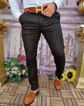 Pantaloni eleganți de bărbați, Negru cu dungi aurii, Slim Fit si Conici - PN675