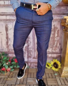 Pantaloni eleganți de bărbați, Albastru cu dungi, Slim Fit - PN694