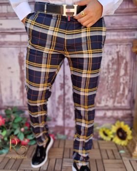 Pantaloni eleganți de bărbați, Bleumarin in carouri , Slim Fit si Conici - PN691