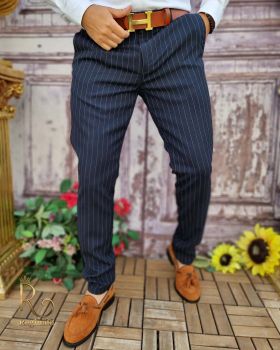 Pantaloni eleganți de bărbați, Bleumarin cu dungi, Slim Fit si Conici - PN673