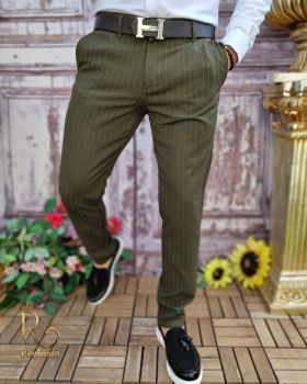 Pantaloni eleganți de bărbați, Verde cu dungi, Slim Fit si Conici - PN667