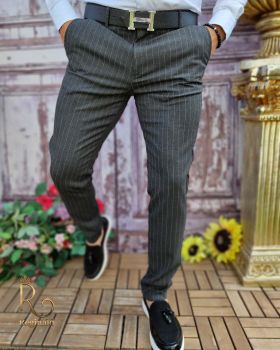 Pantaloni eleganți de bărbați, Gri cu dungi, Slim Fit si Conici - PN666