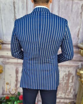 Sacou de bărbați bleumarin in dungi albe, croiala Slim-Fit - SC623