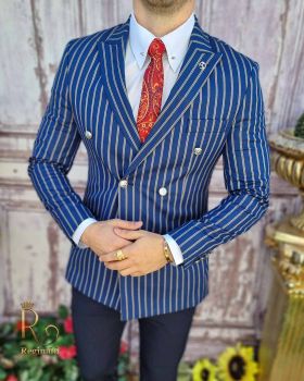 Sacou de bărbați bleumarin in dungi albe, croiala Slim-Fit - SC623