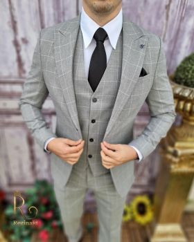 Costum de bărbați, Slim Fit, Gri in carouri, Sacou, Vesta si Pantalon - C3548