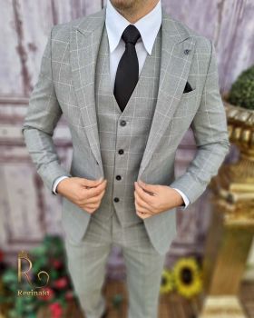 Costum de bărbați, Slim Fit, Gri in carouri, Sacou, Vesta si Pantalon - C3548