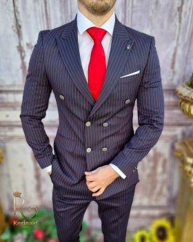 Sacou de bărbați, Bleumarin in dungi roșii, Slim Fit - SC600