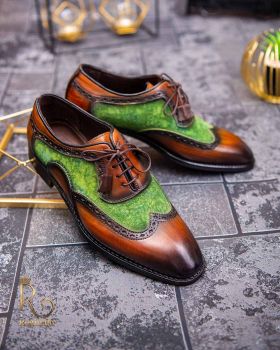 Pantofi eleganți de bărbați din piele naturala, Maro Verde catifea - P1518