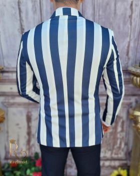 Sacou de bărbați alb in dungi bleumarin, croiala Slim-Fit - SC609