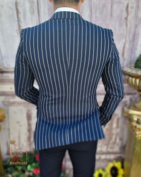 Sacou de bărbați alb in dungi bleumarin, croiala Slim-Fit - SC610