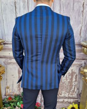 Sacou de bărbați double breasted bleumarin in dungi albastre, croiala Slim-Fit - SC621