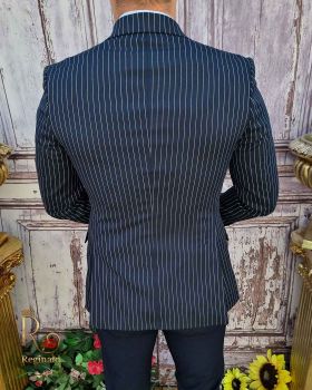 Sacou de bărbați double breasted bleumarin in dungi, croiala Slim-Fit - SC619