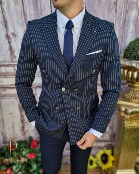 Sacou de bărbați double breasted bleumarin in dungi, croiala Slim-Fit - SC619