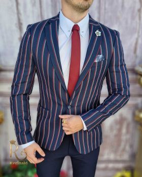 Sacou de bărbați, Bleumarin in dungi, Croiala Slim-Fit - SC617