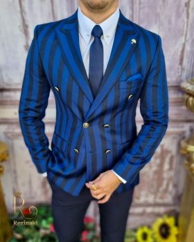 Sacou de bărbați double breasted bleumarin in dungi albastre, croiala Slim-Fit - SC621