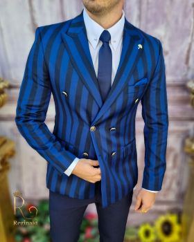 Sacou de bărbați double breasted bleumarin in dungi albastre, croiala Slim-Fit - SC621