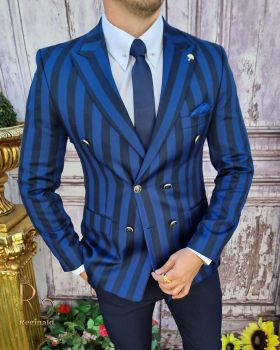 Sacou de bărbați double breasted bleumarin in dungi albastre, croiala Slim-Fit - SC621