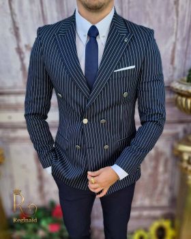 Sacou de bărbați double breasted bleumarin in dungi, croiala Slim-Fit - SC619